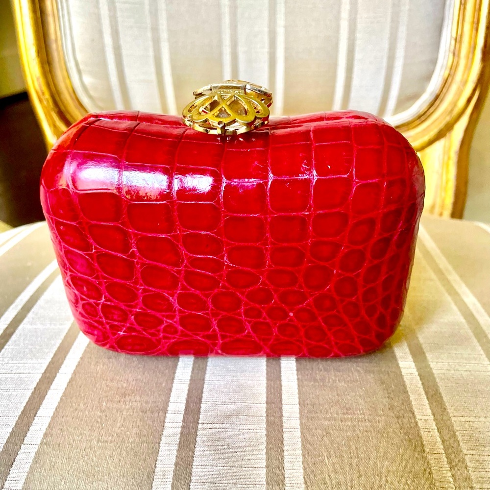 Queen Sexy Red Crocodile Clutch with Gold Crowns